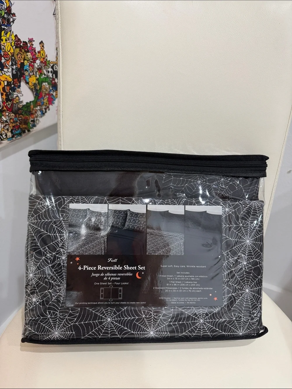 Full 4 Piece Reversible Halloween Sheet Set in Black & White Spiderweb Print